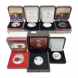 Six Queen Elizabeth II silver proof coins, comprising Government of Niue 2018 ‘The Flanders Remembrance Poppy’ two dollars, Solomon Islands 2020 ‘80th Anniversary of the Battle of Britain’ five dollars, Alderney 2019 ‘The 75th Anniversary of D-Day’ five pound, Alderney 2019 ‘Remembrance Day’ five pound, Bailiwick of Jersey ‘Prince Philip 70 Years of Service’ five pound, Pobjoy Mint Gibraltar 2020 ‘Penny Black’ fifty pence coin, with further Pobjoy Mint Gibraltar 2020 proof sterling silver piedfort ‘Penny Black’ fifty pence coin, all boxed with certificates