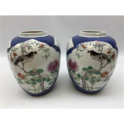Pair of 19th century Chinese Kangxi style ginger jars and covers of ovoid form, the reserves painted in the famille verte palette with birds perched upon blossoming branches, and huts within mountainous riverside landscapes, upon a powder blue ground, each with six figure character mark beneath, H23cm
