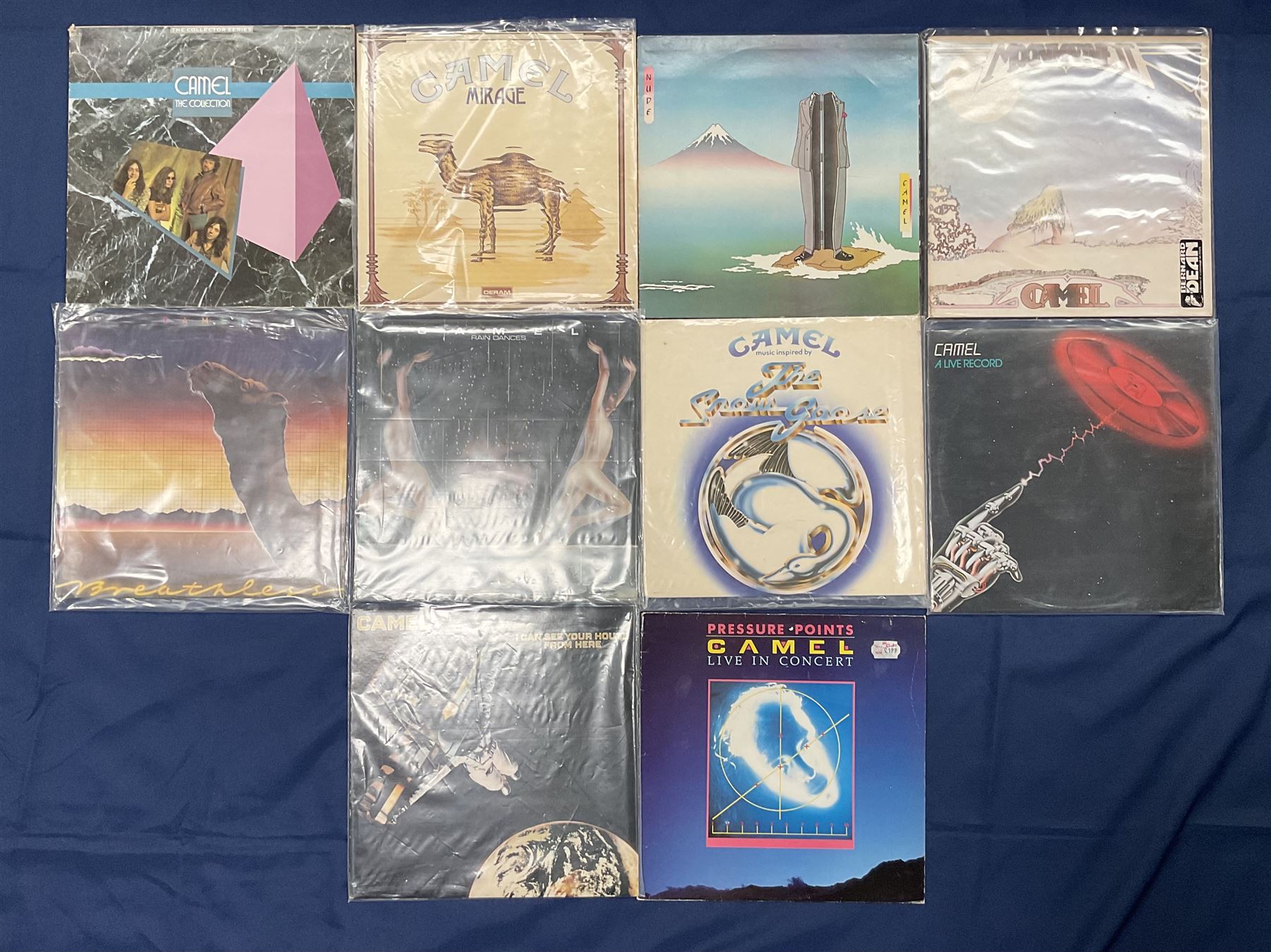 Camel vinyl LPs including 'Moonmadness', 'Mirage', 'Rain Dances', 'I Can See Your House From Here', 'Breathless', 'Nude' etc (10)