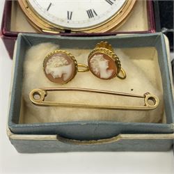 Edwardian 15ct gold stone set brooch, together with 9ct gold bar brooch, 9ct gold cameo brooch and screw back earrings, silver Wedgwood green Jasperware brooch, silver rings, gold plated open face pocket watch, etc