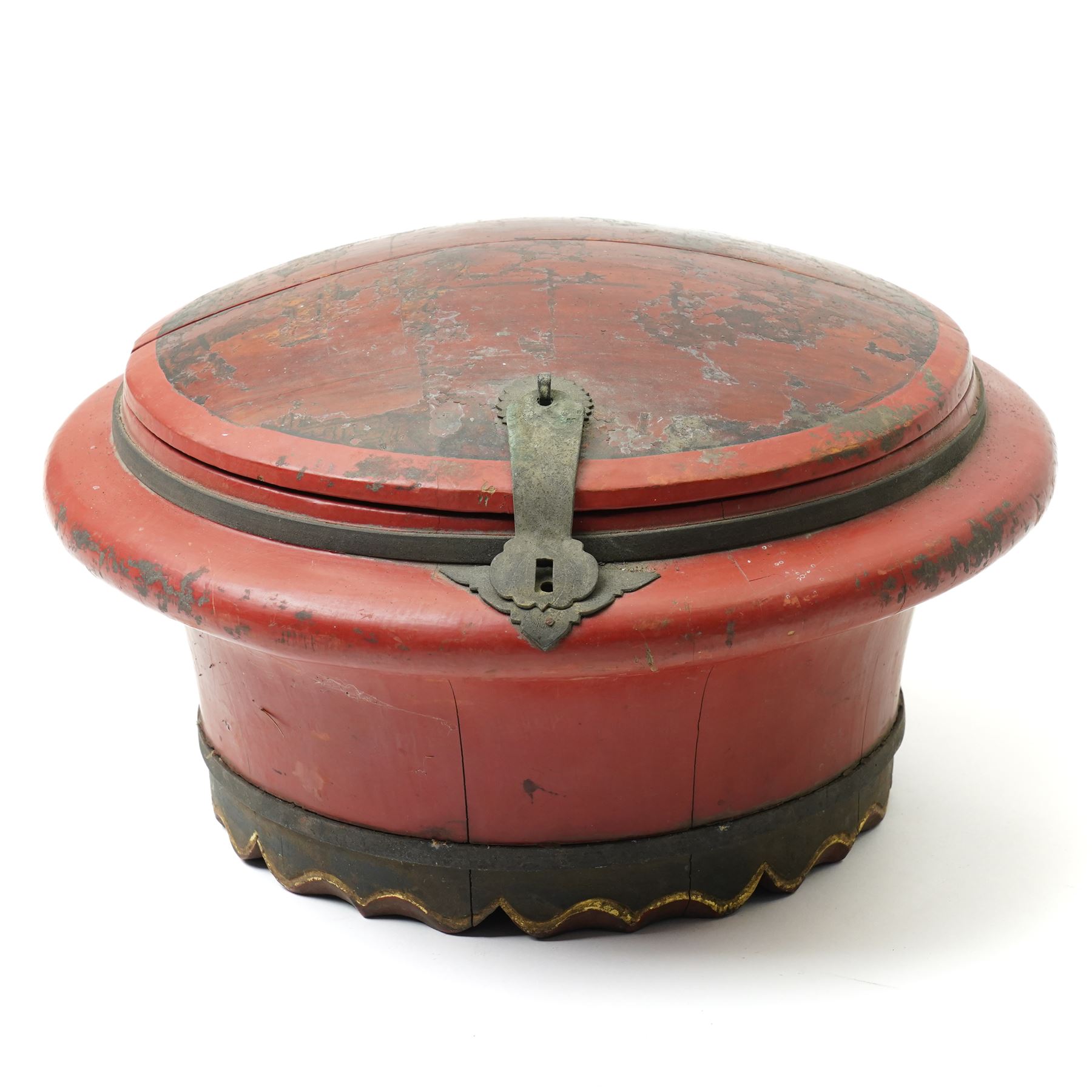 Early 20th century Chinese red lacquered marriage basket, the exterior with character and fruit motifs, H43cm; together with a red painted dowry basket, on shaped circular foot, H19cm x D35cm (2)