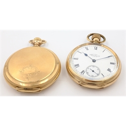  Gold-plated hunter pocket watch by Elgin and a gold-plated pocket watch by Waltham both crown wound  