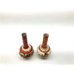 Pair of miniature Japanese Kutani vases, decorated with blossoming flowers, each with character mark beneath, H14cm, together with a further smaller pair, one with character mark beneath, H7.5cm, (4)