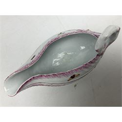 First Period Worcester sauceboat, circa 1770, of cos lettuce leaf moulded form with stalk handle, painted with insects, L18cm H10cm