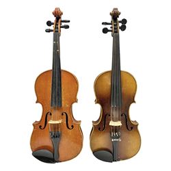  Two three-quarter size violins - German Saxony with 34cm one-piece maple back and ribs and spruce top; L56cm overall; and Hungarian with 34cm two-piece maple back and ribs and spruce top; L56cm overall; each in carrying case with bow (2)