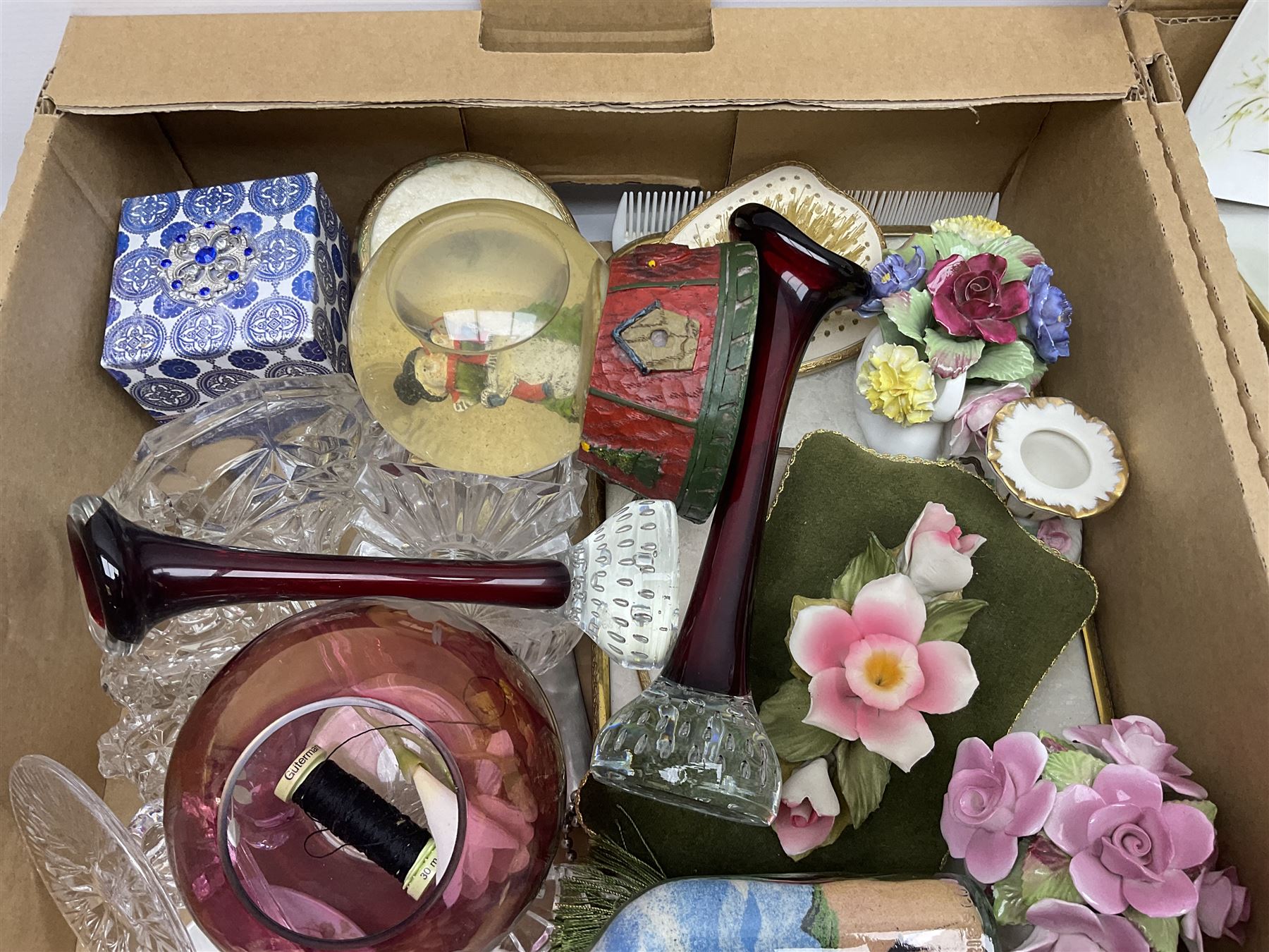 Royal Doulton Greenbrier pattern tea wares, together with a collection of porcelain flowers, Murano style coloured glass bowls, other ceramics and glassware, in four boxes 