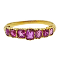  Early 20th century 18ct gold graduating seven stone, cushion cut ruby ring  