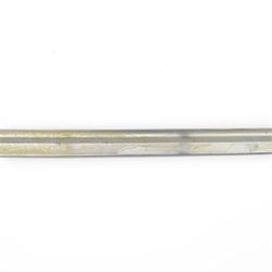 Prussian cavalry officer's sword, with 79cm etched curved blade double-edged towards the point, crossed swords insignia to langet, stirrup knuckle bow, wirebound black grip and lion's head pommel with inset ruby eyes and lion head to the quillon, in black painted steel scabbard with single suspension ring, overall L97cm