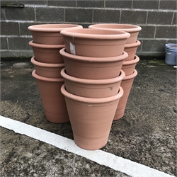  Twelve stackable circular tapering frost proof terracotta plant pots, D40cm, H41cm  