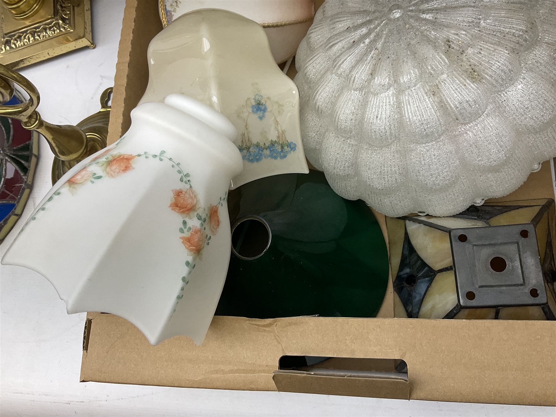 Brassed lamp modelled as a male with basket and fruit after Rancoulet, Tiffany style table lamp, brass table lamp, glass shades etc