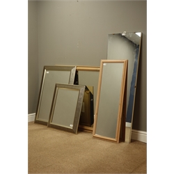  Two pine framed mirrors, two modern mirrors and a 20th century tapering mirror (45cm x 131cm)  