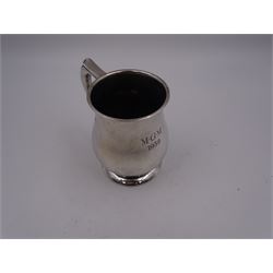 1930s silver tankard, of baluster form, with personalised engraving and C scroll handle, upon spreading circular foot, hallmarked Mappin & Webb Ltd, Sheffield 1938