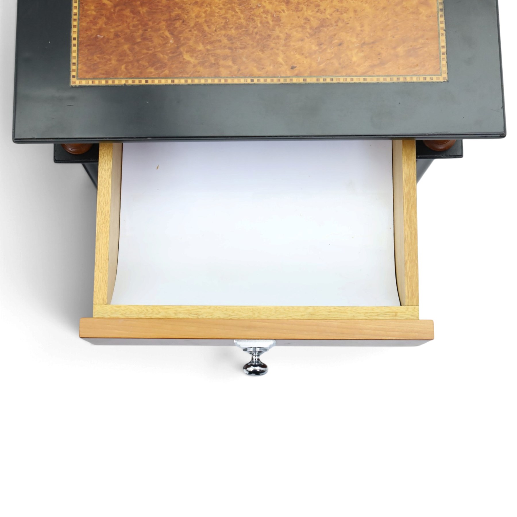 Pair of Art Deco design burr walnut and ebonised bedside cabinets, rectangular inset tops with raised rear galleries, each fitted with a drawer above a cupboard, flanked by cylindrical columns, on plinth bases