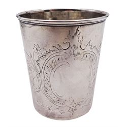 Early 20th century Russian silver beaker, of slightly tapering cylindrical form, engraved with vacant panel and flowering stems, marked with Kokoshnik mark, 84 standard, for Aleksandr Nikolaievitch Snarsky, H8cm, approximate weight 2.77 ozt (86.2 grams)