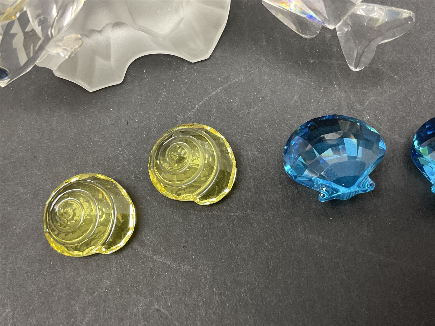 Swarovski Crystal sea creatures, comprising lion fish and dolphin, both with coloured elements, together with two seahorses, two small fish groups, butterfly fish, longnose butterfly fish and six coloured shells, tallest H8.5cm