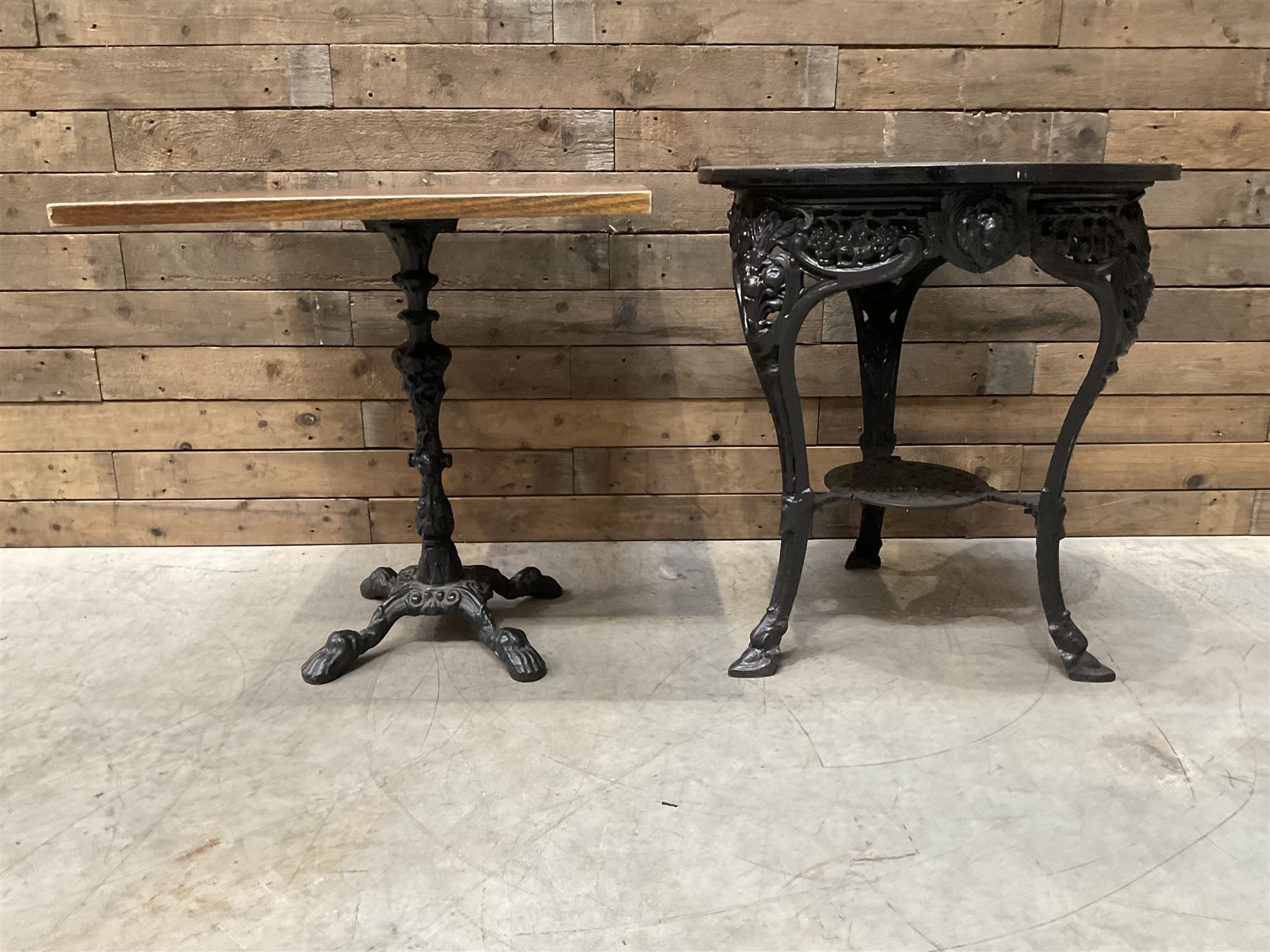 19th century cast iron Coalbrookdale design table with circular top (D66cm, H74cm) and a cast iron pedestal table with square top (W69cm, D70cm, H72cm)