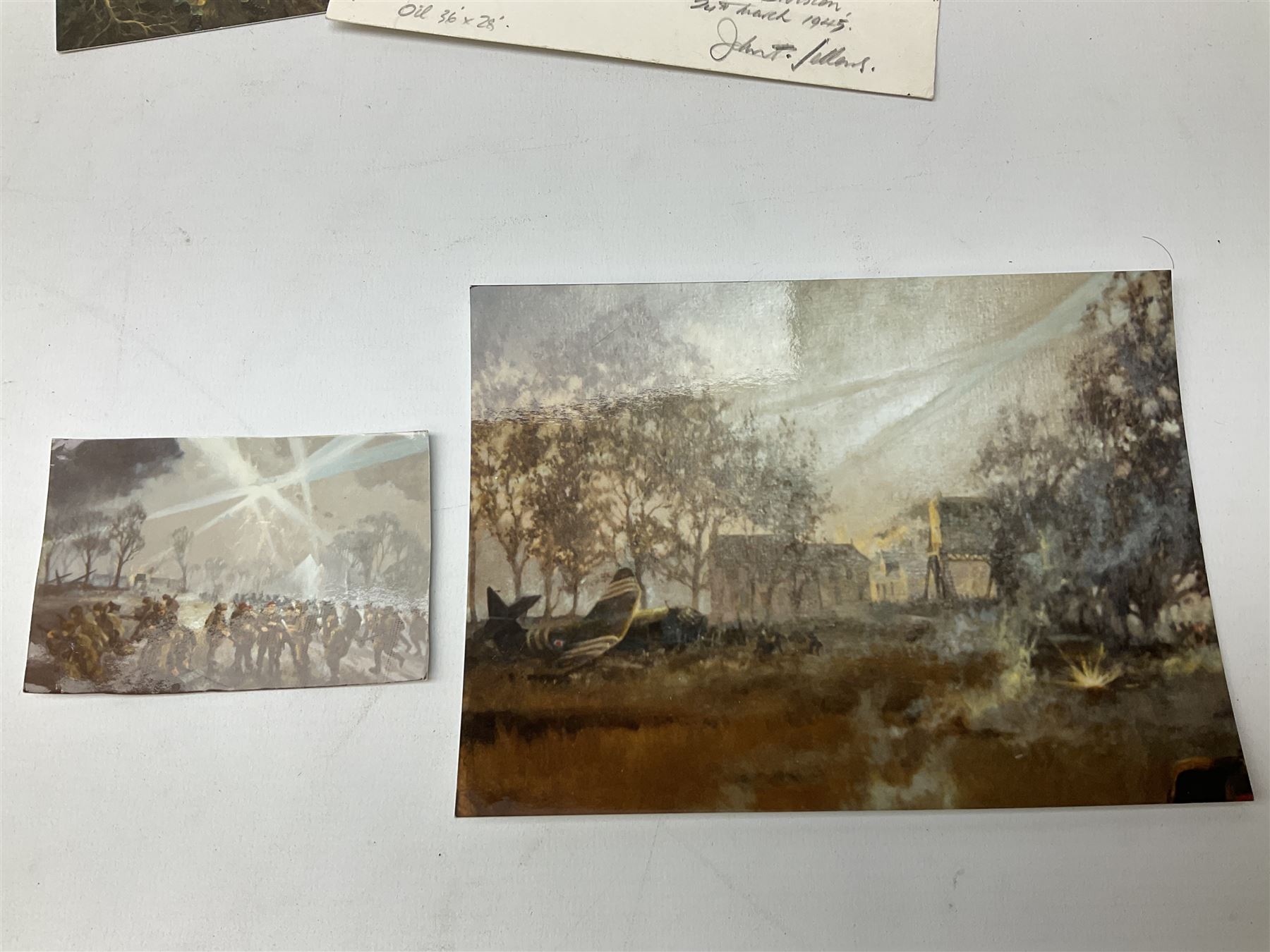 Presentation bronzed figure of a paratrooper by Peter Hicks mounted on a mahogany plinth with plaque inscribed ' Presented to Lieutenant General Sir Michael Gray KCB OBE President Army Parachute Association 1981-1987 An Outstanding Term of Leadership Friendship and Humour. Thank You All Ranks A.P.A.' H28cm; a brass Pegasus plaque H12cm; and small quantity of colour photographs and prints of military related paintings