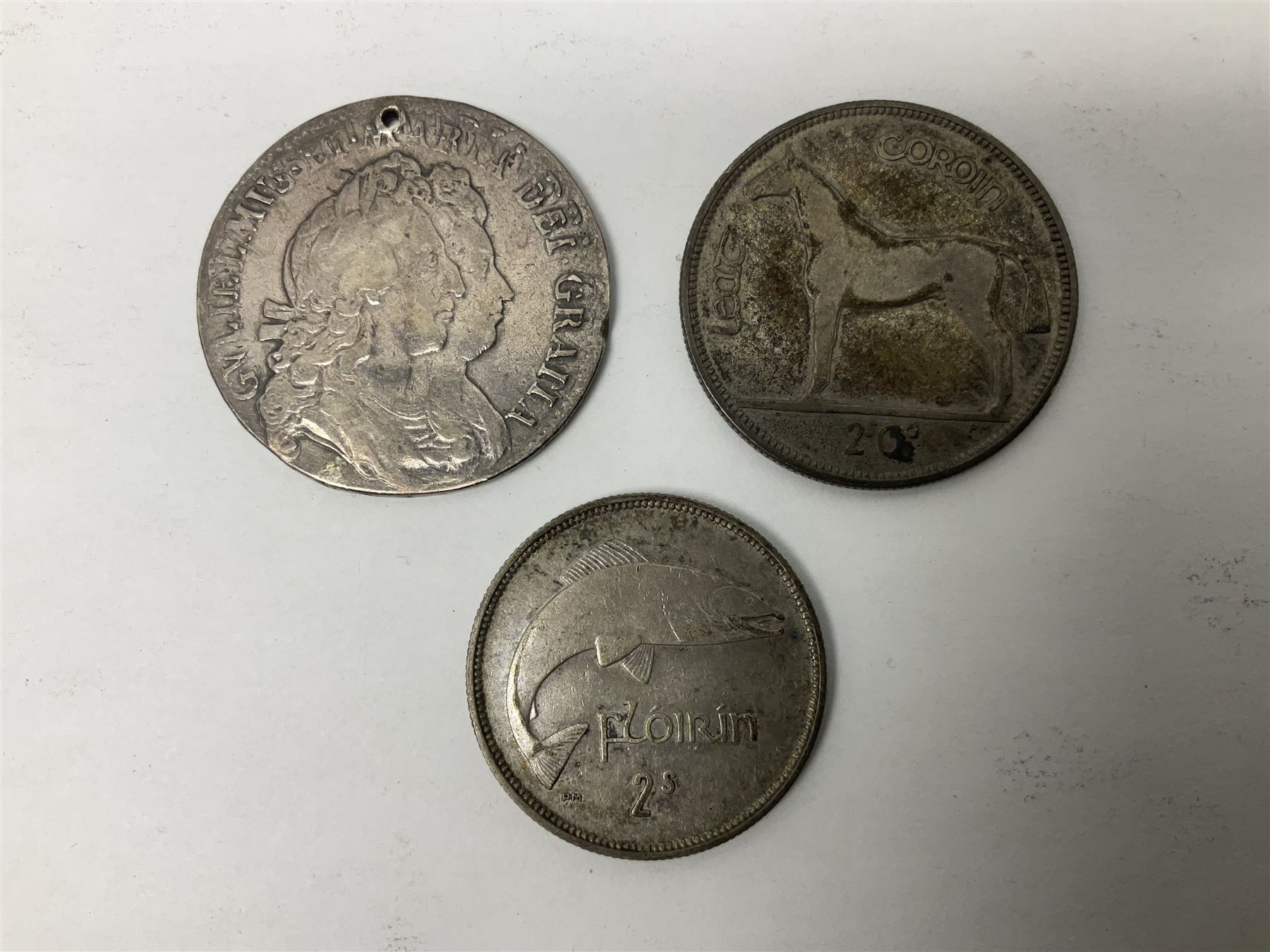 William and Mary 1693 halfcrown coin (holed), various Great British pre-1920 and pre-1947 silver threepence pieces, Ireland 1928 halfcrown and 1934 florin, Queen Elizabeth II 1994 fifty pence coins etc