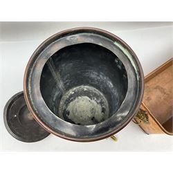 Victorian copper hot water urn, the body of plain cylindrical form with brass tap, the slightly domed lid with brass finial, together with a rectangular copper planter, with twin brass lion mask handles, urn H35cm