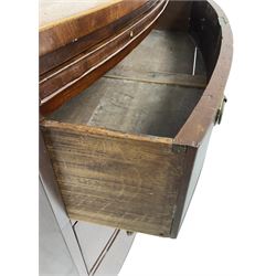 George III mahogany bow-front chest, shaped top with satinwood stringing, fitted with brushing slide over three graduating cock-beaded drawers, shaped apron over bracket feet