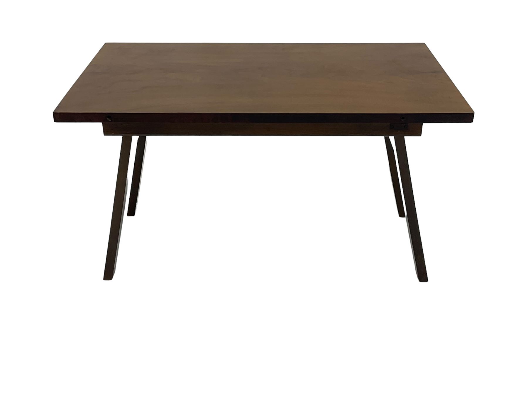 Beautility - early to mid-20th century walnut extending dining table, the additional leaf/coffee table with folding supports (76cm x 106cm - 153cm, H78cm); set of four dining chairs upholstered in teal leather 