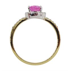 18ct gold oval pink sapphire and diamond halo cluster ring, with diamond set shoulders, stamped 750, sapphire approx 1.40 carat