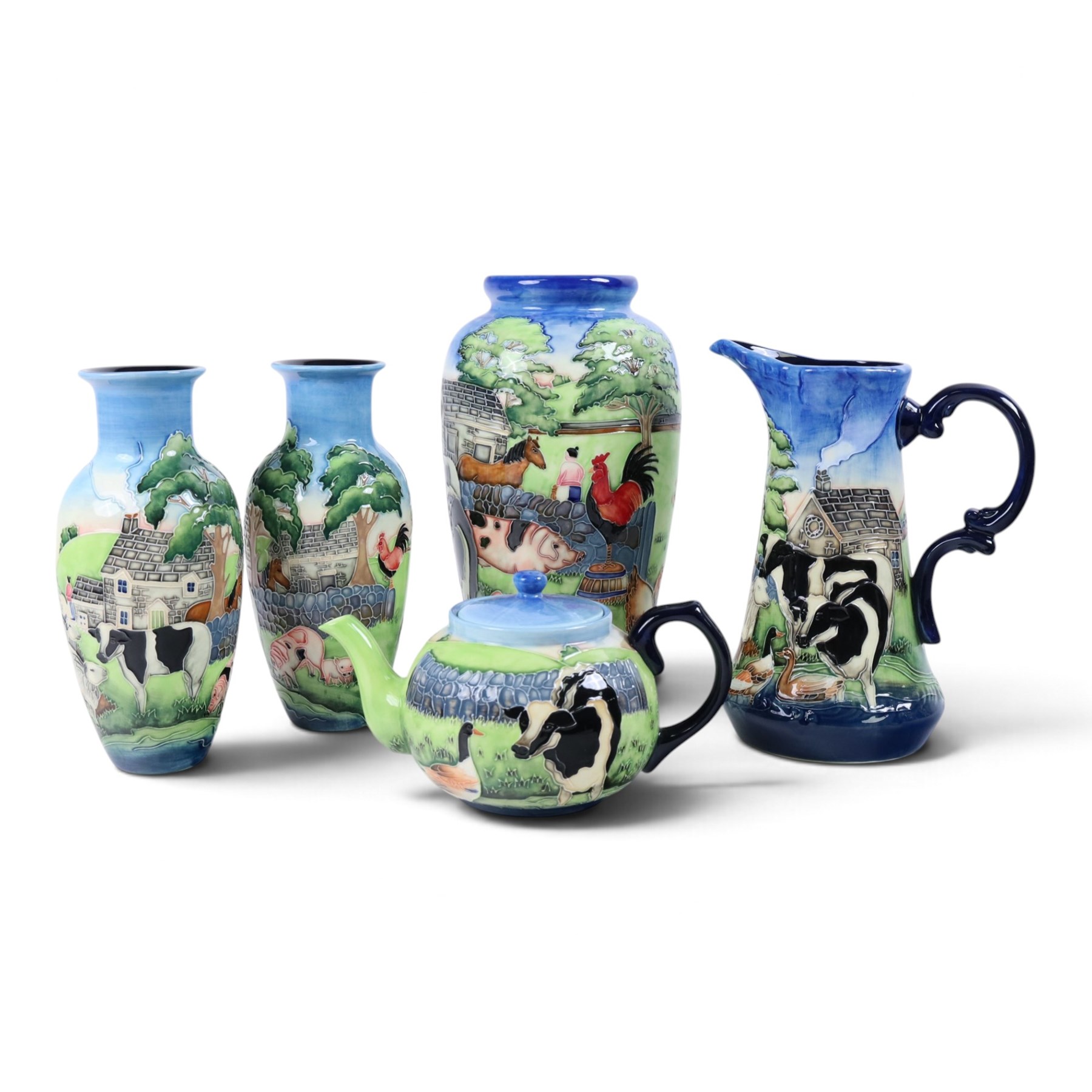 Five pieces Old Tupton Ware Farmyard pattern, comprising three vases, jug and teapot, largest vase H28cm