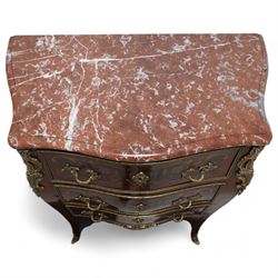 Early 20th century French walnut and rosewood marquetry bombe chest, shaped marble top over three drawers, each with gilt-metal cock-beading and handles, inlaid with overall floral decoration, flanked by gilt metal scrolling cartouche mounts and matching apron, on splayed supports