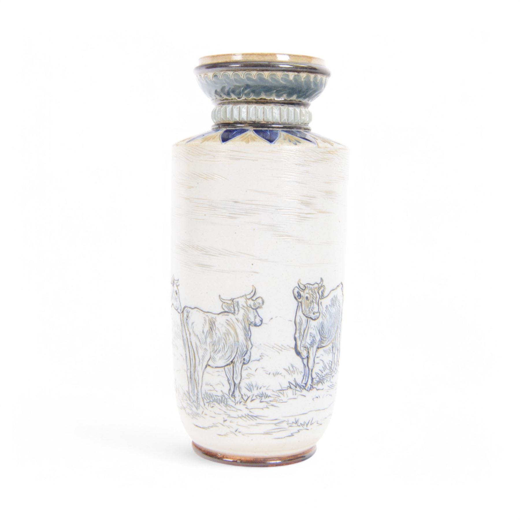 Doulton Lambeth sgraffito vase decorated by Hannah Barlow, decorated with a cattle and horses, with impressed marks beneath, H23cm