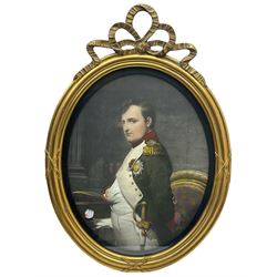 After Hippolyte Paul Delaroche (French 1797-1856): 'Napoleon I in his Office', 19th century engraving with hand colouring housed in gilt oval frame; after Raymond Desvarreux (1876-1961): 'Napoleon a Compeigne', engraving with hand colouring pub. 1907 max 46cm x 36cm (2)