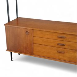 Avalon - modular teak wall unit, with black metal supports, fitted with cupboards, drawers, and adjustable shelves, corner configuration