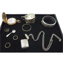 Edwardian silver vesta case by Samuel M Levi, Birmingham 1903, on silver chain, two silver bangles, ring and mustard pot, all hallmarked, Thomas Russell & Sons full hunter gold-plated keyless lever pocket watch, white enamel dial with Roman Numerals and subsidiary seconds dial, one other silver and 9ct gold ring