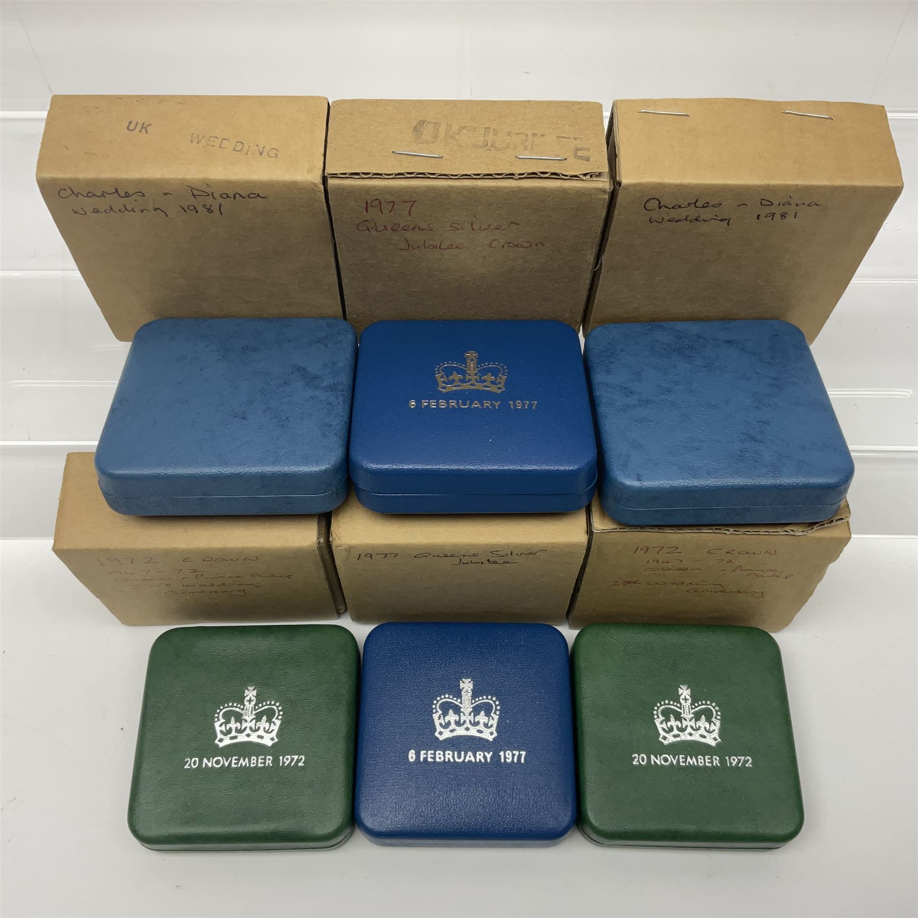 Six Queen Elizabeth II United Kingdom silver crown coins, comprising two 1972 'Silver Wedding', two 1977 'Silver Jubilee' and two 1981 'Commemorating The Marriage of His Royal Highness The Prince of Wales and Lady Diana Spencer', all cased with certificates 
