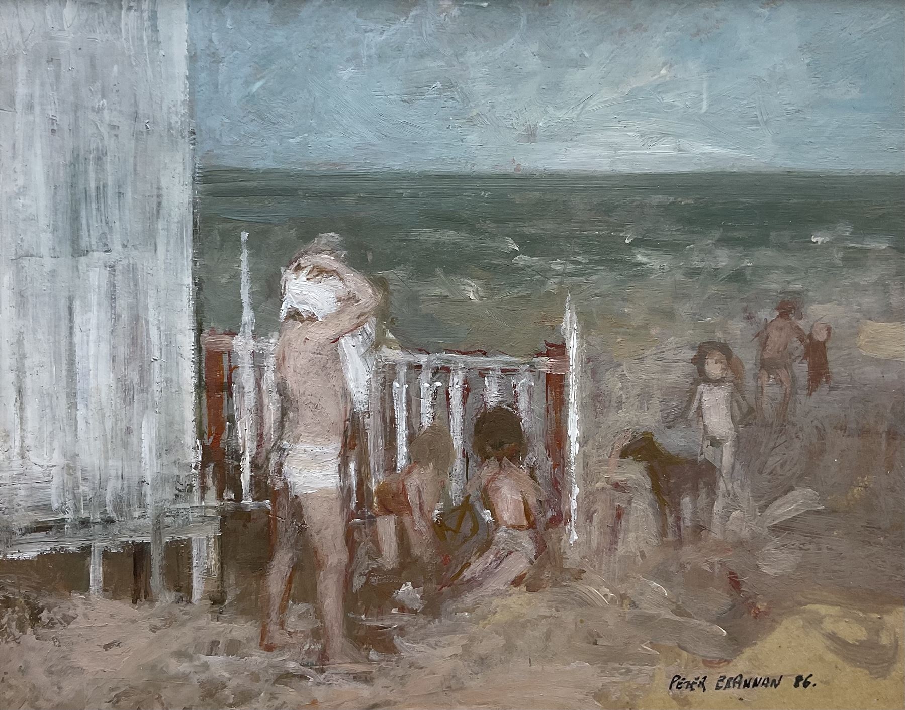 Peter Brannan (British 1926-1994): ‘A Day at the Seaside’, oil on board signed and dated ‘87, titled verso 29cm x 34cm