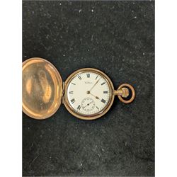 Waltham USA gold plated full hunter pocket watch, the white enamel dial with subsidiary seconds dial, the front cover engraved and embossed with blank cartouche in a floral border, the back cover engraved with stag