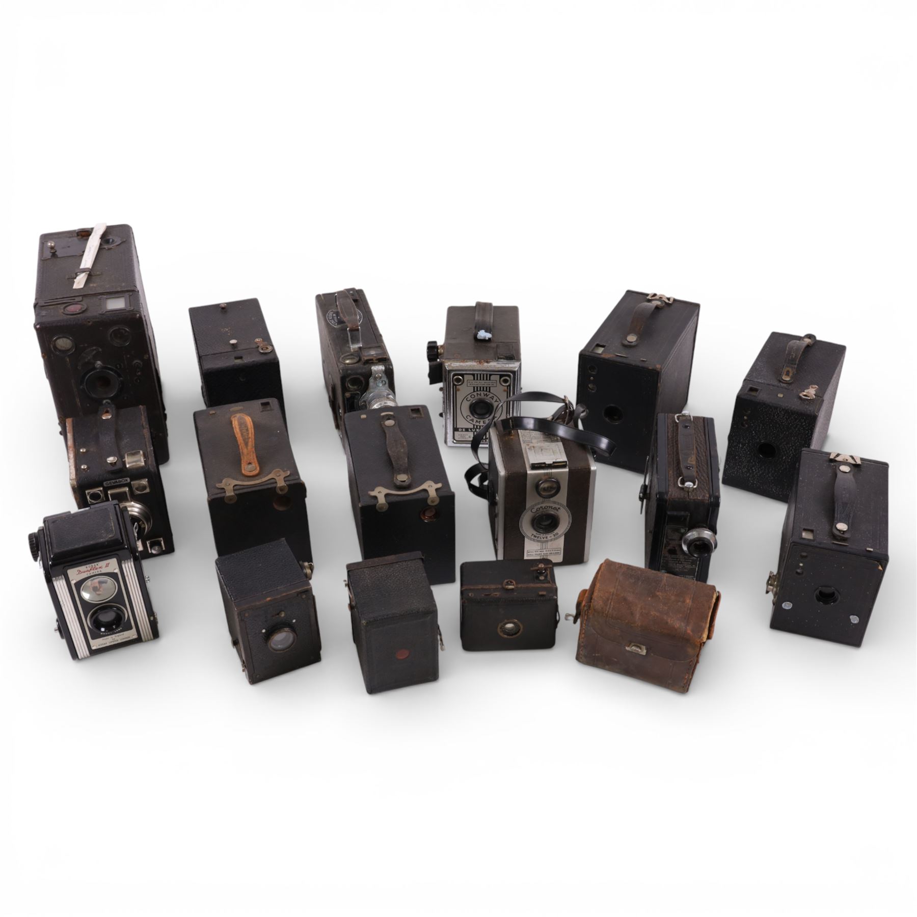 Collection of box and cine cameras, including Gevabox, Cine Kodak Model BB, Coronet Twelve 20, Coronet Model C, magazine camera, Kodak Brownies, etc
