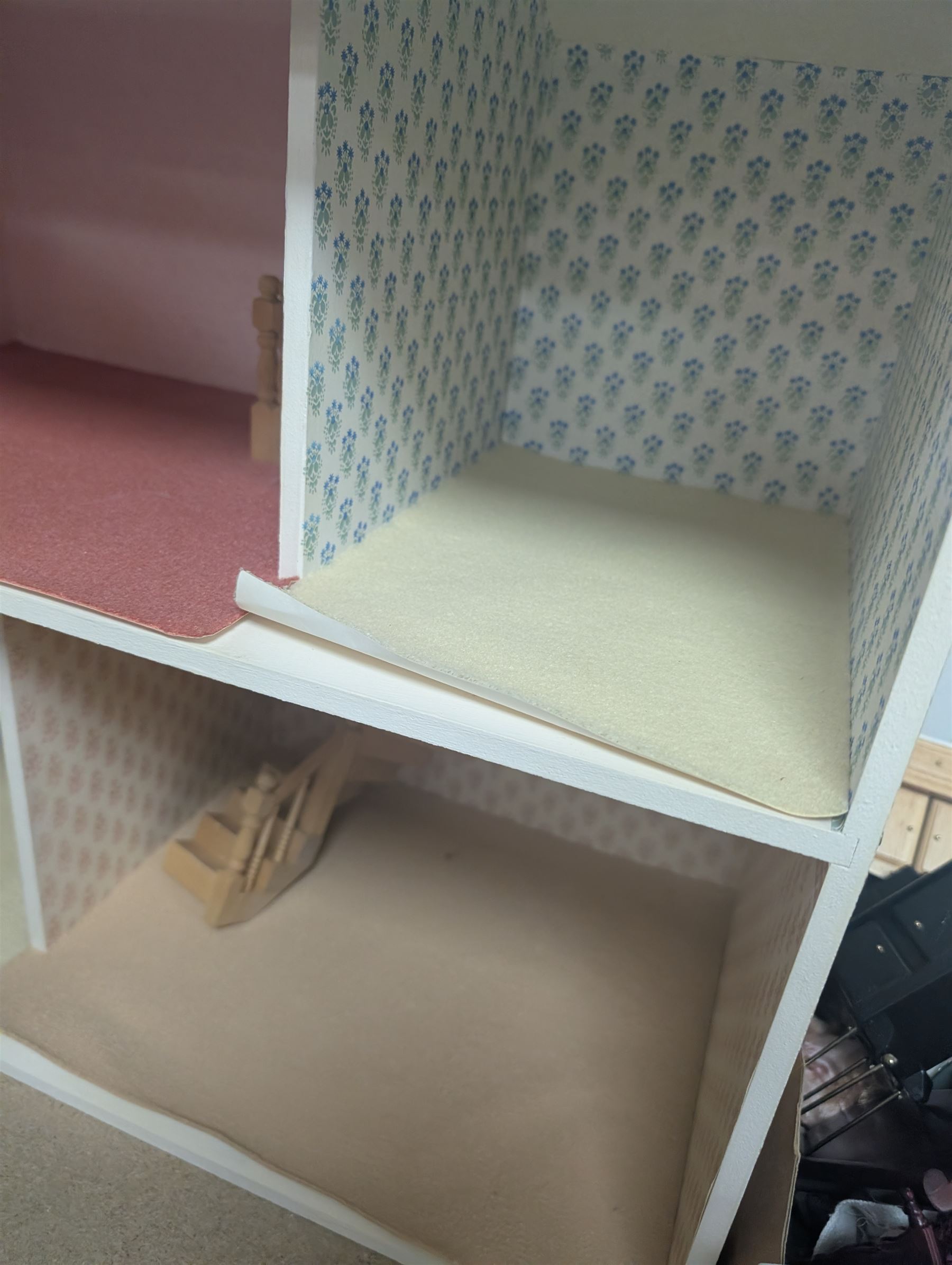 Two storey modern dolls house, with a collection of dolls house furniture and accessories, dolls house H66cm