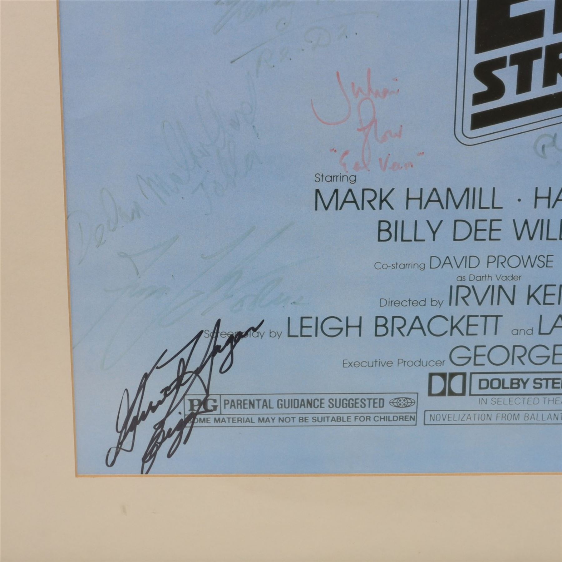 Autographed 1980s Star Wars Empire Strikes Back movie poster, with artwork by Tom Jung, with signatures including Michael Sheard (Admiral Ozzel), Koo Stark, Caroline Blakiston (Mon Mothma), Shelagh Fraser (Aunt Beru), Mike Edmonds (Logray), Peter Mayhew (Chewbacca), Jeremy Bulloch (Boba Fett), Stuart Freeborn (Creature Designer), Warwick Davies (Wicket), Michael Carter (Bib Fortuna), Dave Prowse (Darth Vader), Kenny Baker (R2D2), signatures and poster obtained at the Dave Prowse Promotions Mulitcon Event 1998 at The Norbreck Caste Hotel, Blackpool, in glazed black frame, frame H115cm