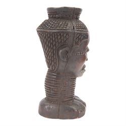 Kuba cup, African carved wood wine cup in the form of a female head, H31cm
