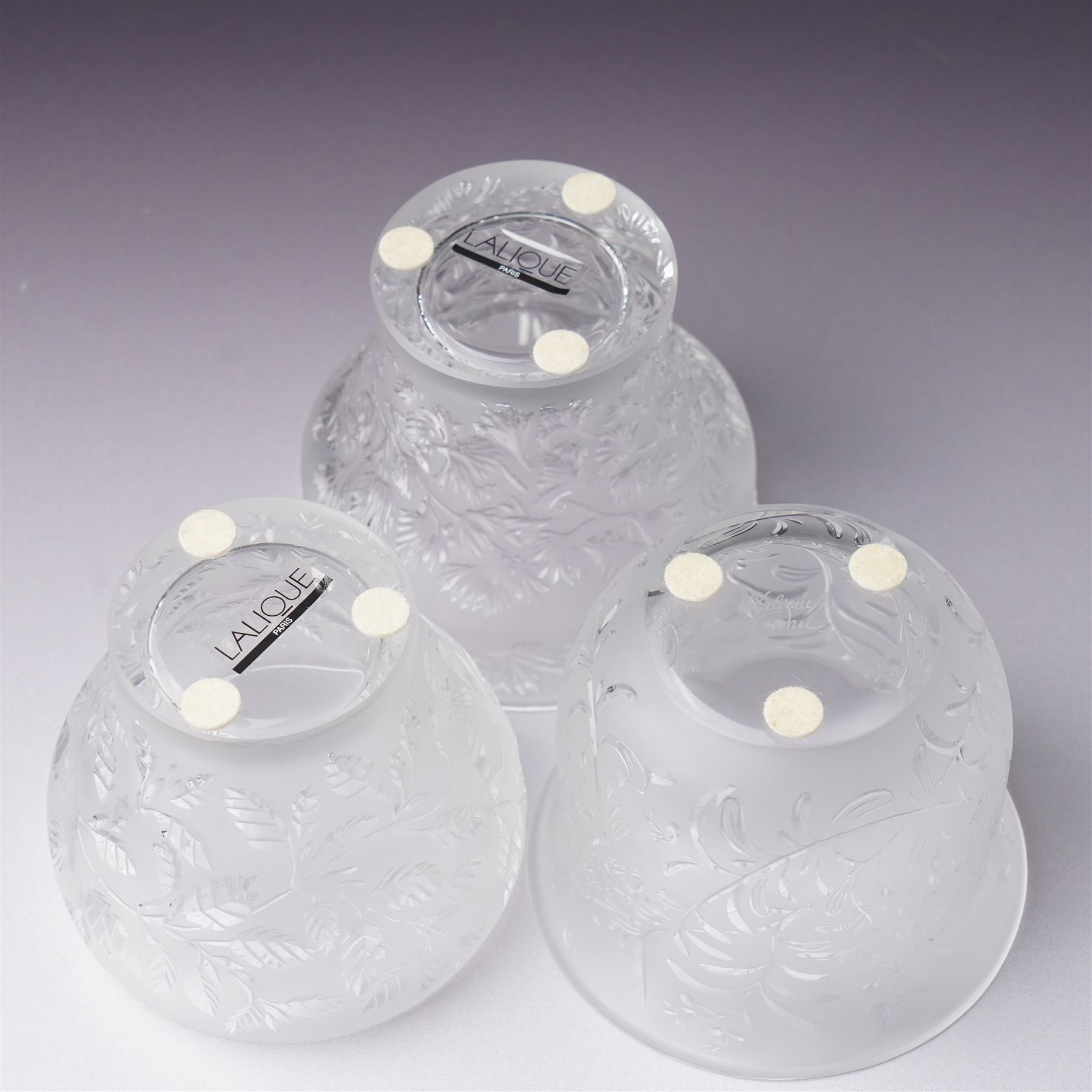 Three Lalique frosted glass tea light holders, decorated with the coriander and basil patterns, and another with trailing leaves, marked Lalique France to base, H7.5cm