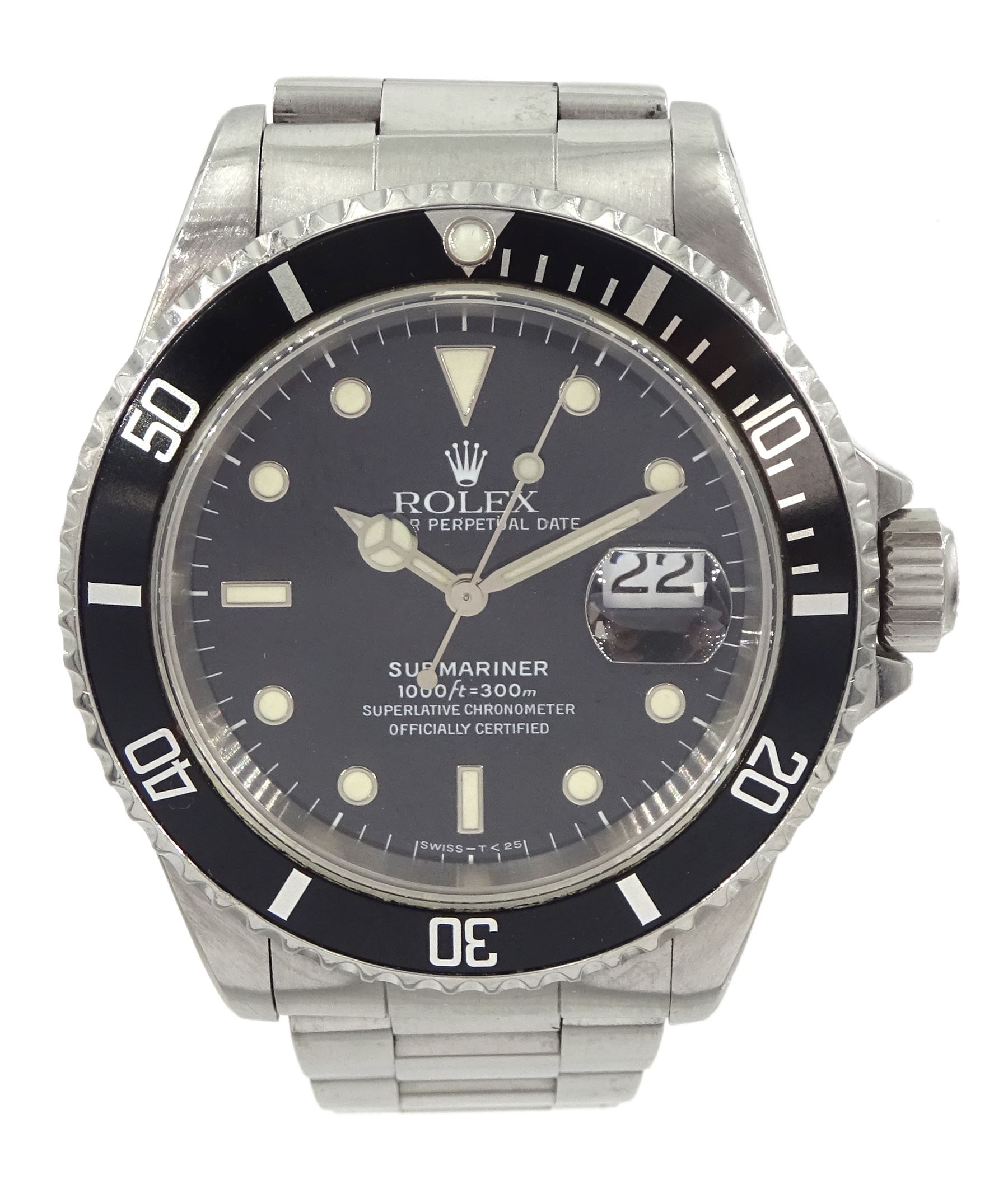 Rolex Oyster Perpetual Date Submariner gentleman's stainless steel automatic wristwatch, circa 1993, Ref. 16610, Serial No. S459924, on original Oyster bracelet with fold-over clasp, boxed with papers dated 1994