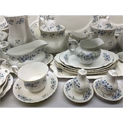 Extensive Richmond Blue Rock pattern part tea and dinner service, to include seven dinner plates, nine smaller plates, three lidded twin handled tureens, two teapots and two coffee pots, eleven bowls, cake stand, six twin handled soup bowls and saucers, six teacups, four coffee cups, milk jugs, sucrier, cake plate, salt and pepper shakers, other plates, dishes, bowls, side plates and many spares etc