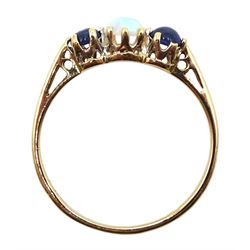 9ct gold three stone sapphire and opal ring, hallmarked