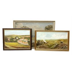 Hector Fraser (British 20th century): 'River Meadow', oil on board signed and dated 1973 together with two similar oils by different hands max 40cm x 60cm (3)