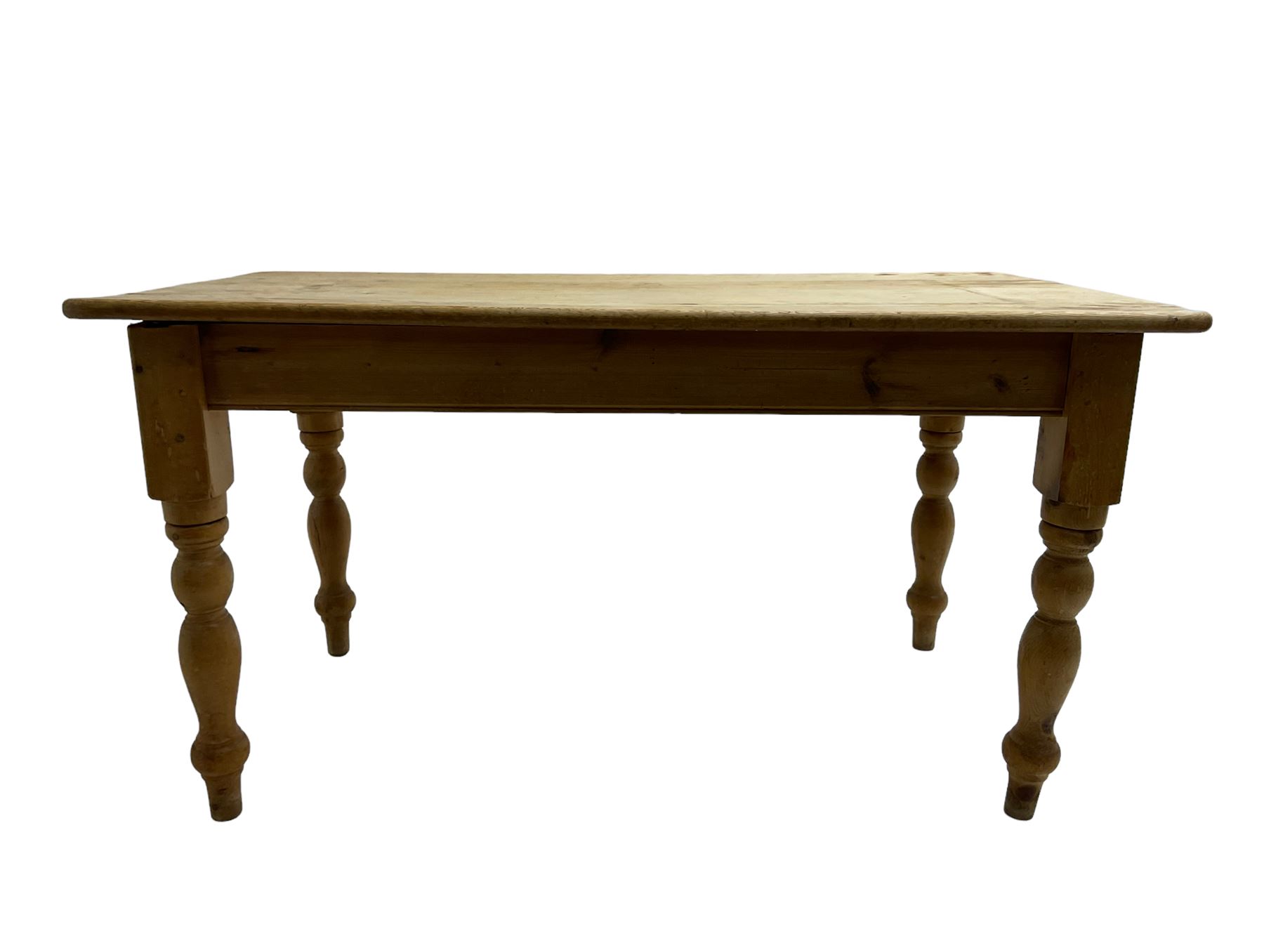 Traditional pitch pine farmhouse table, rectangular top raised on turned supports