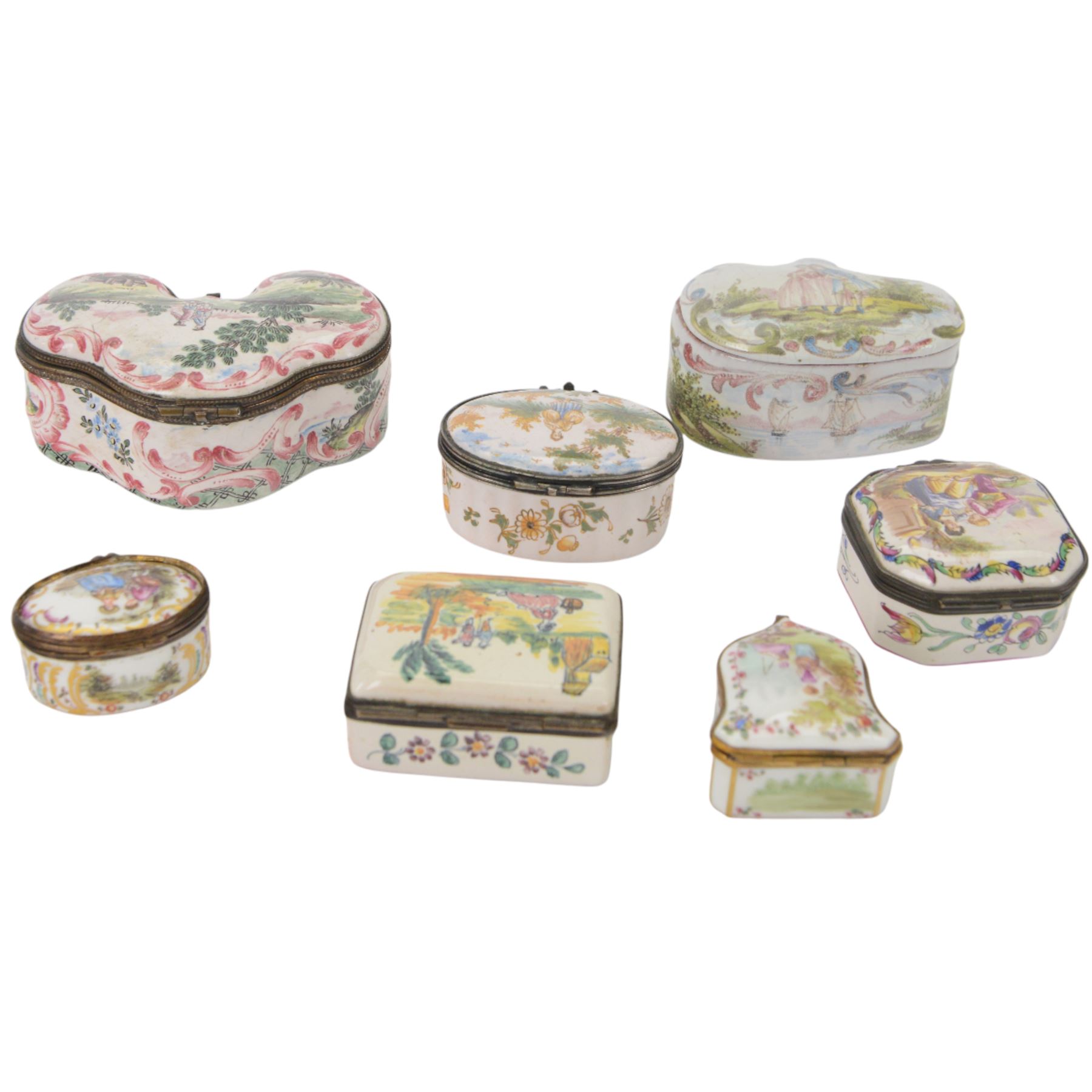 Seven19th century and later porcelain and faience boxes, of various form and decoration, to include Continental examples