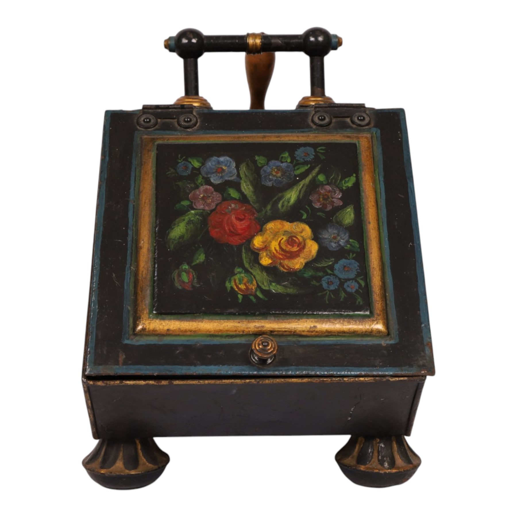 Late Victorian hand painted toleware coal scuttle, black painted tin body hand painted with floral sprays, fitted with shaped shovel to reverse and gilt painted circular feet H44cm