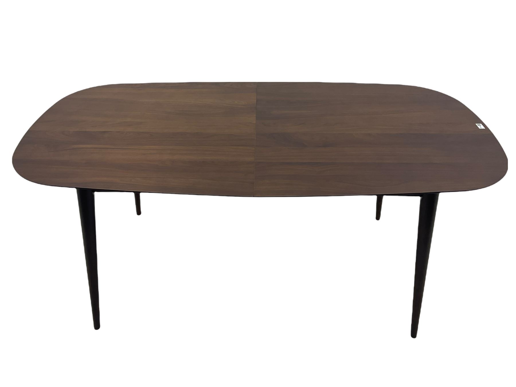 Bentley Designs - Premier collection 'Oslo' contemporary walnut extending dining table and six chairs upholstered in steel grey fabric. 