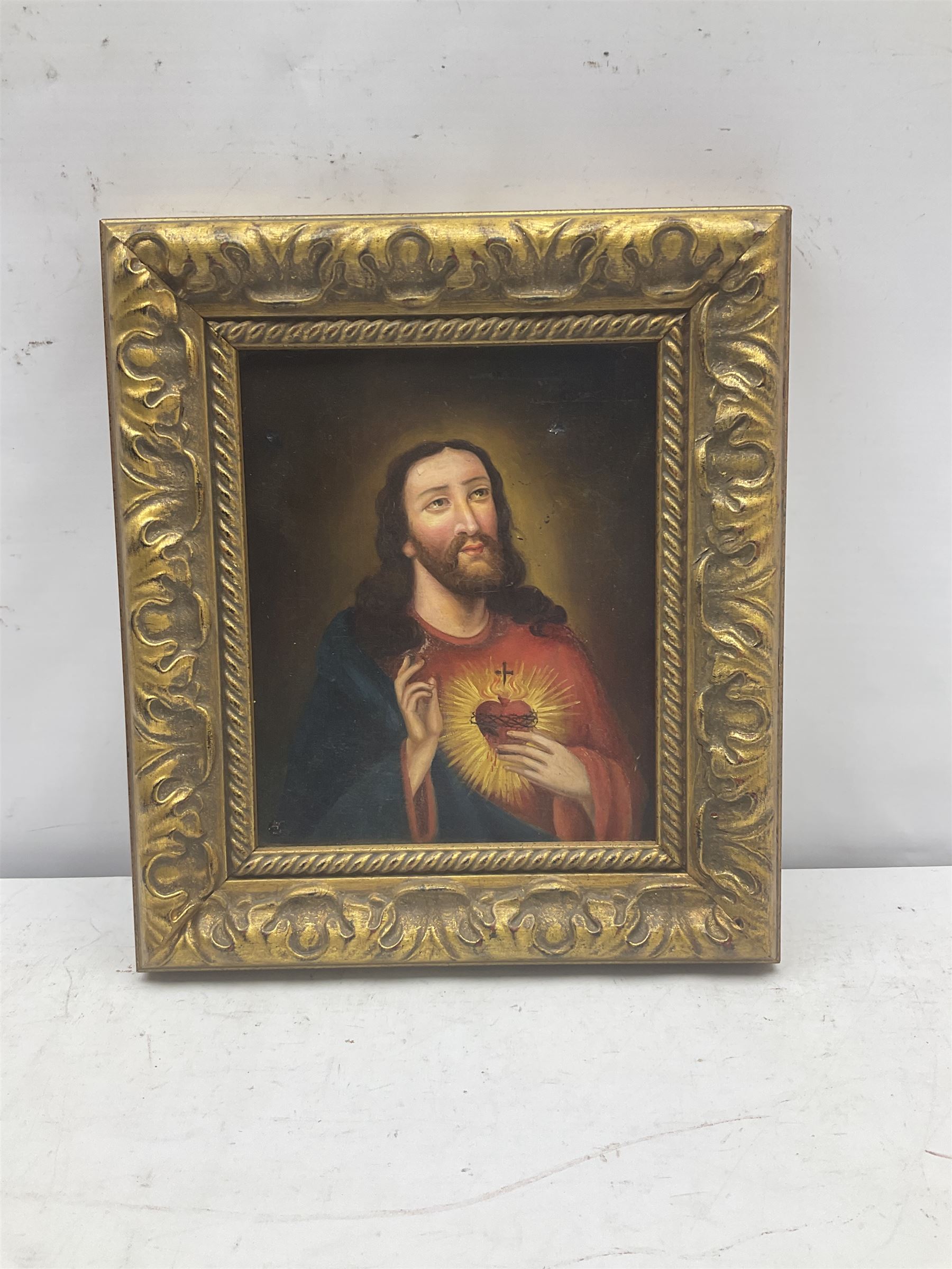 After Pompeo Girolamo Batoni (Italian 1708-1787): 'The Heart of Jesus', oil on canvas unsigned 22cm x 18cm