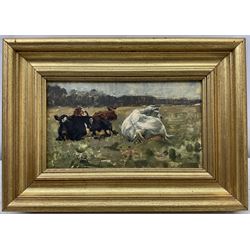 José Weiss (British 1859-1919): Cattle Resting, pair oils on mahogany panel, signed verso 13cm x 23cm (2)